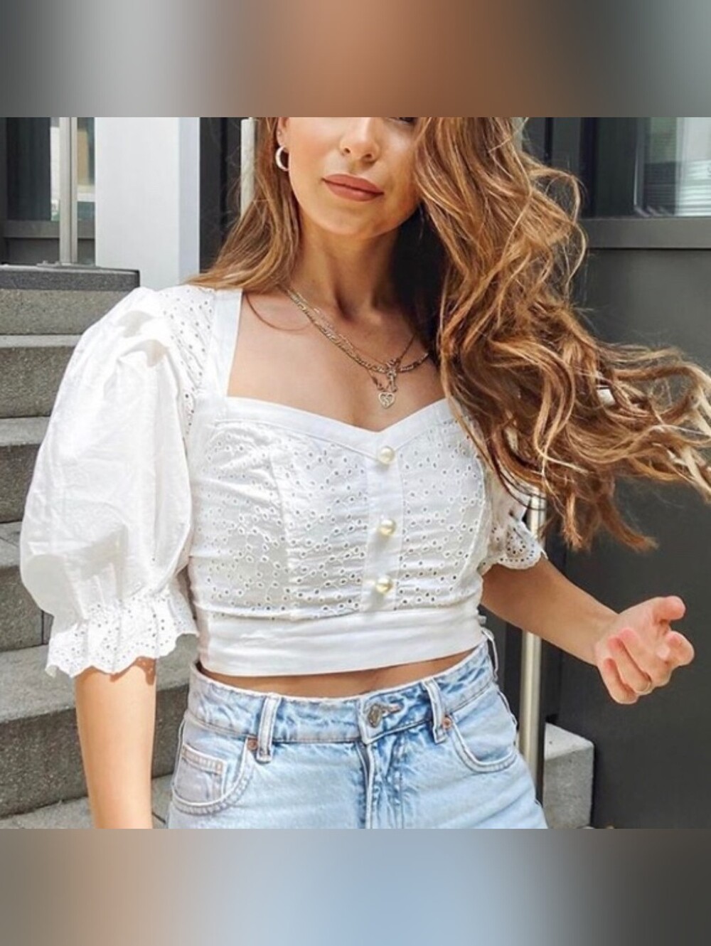 Zara White Eyelet Pearl Button Puff-Sleeve Crop Top 🤍